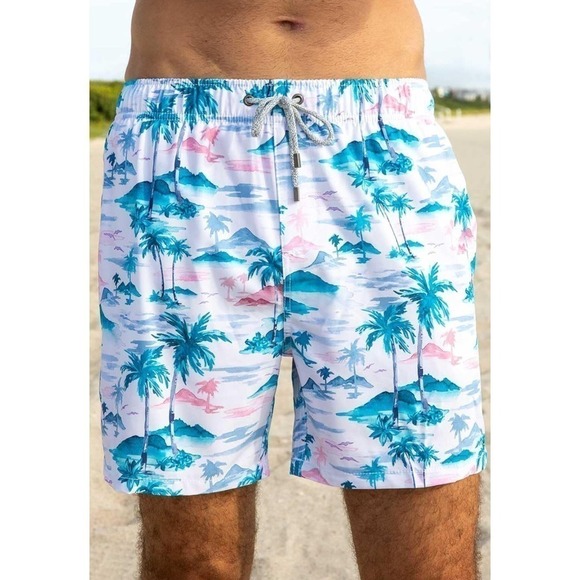 Vintage Summer palm tree white and blue size L swim trunks - Picture 1 of 6